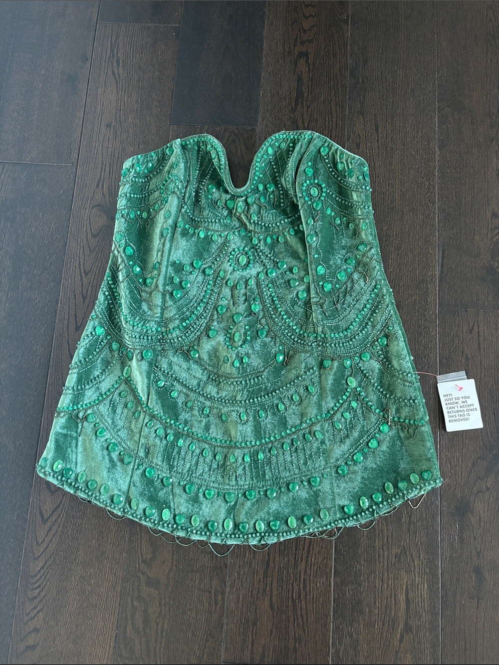 Green Beaded Velvet Strapless Mini
